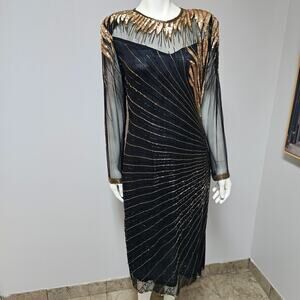 Vintage Carolyne Barton Night Black/Copper Beaded Silk Lined Dress Size Medium